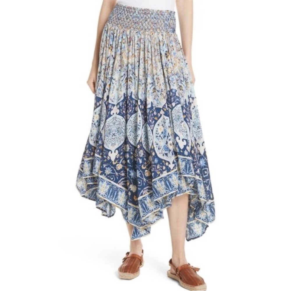 Free People Roaming Wild Smocked Asymmetrical Midi Blue Floral Skirt L